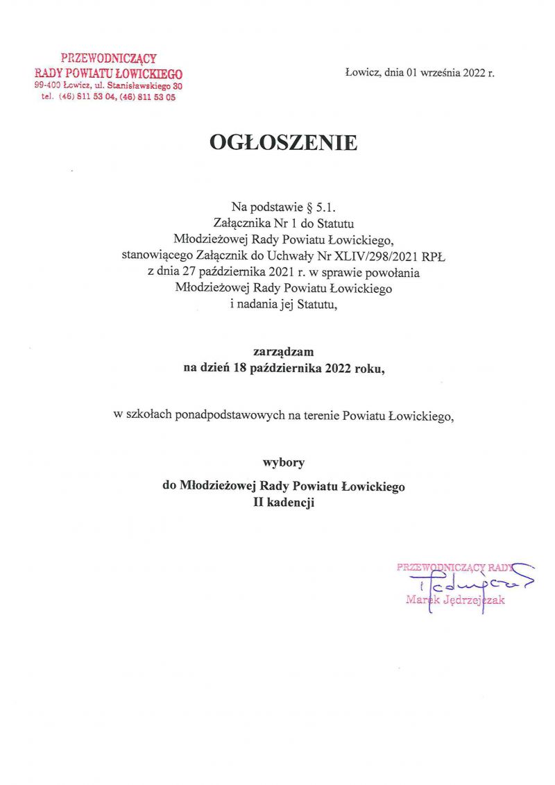 ogłoszenie o wyborach do Młodzieżowej Rady Powiatu