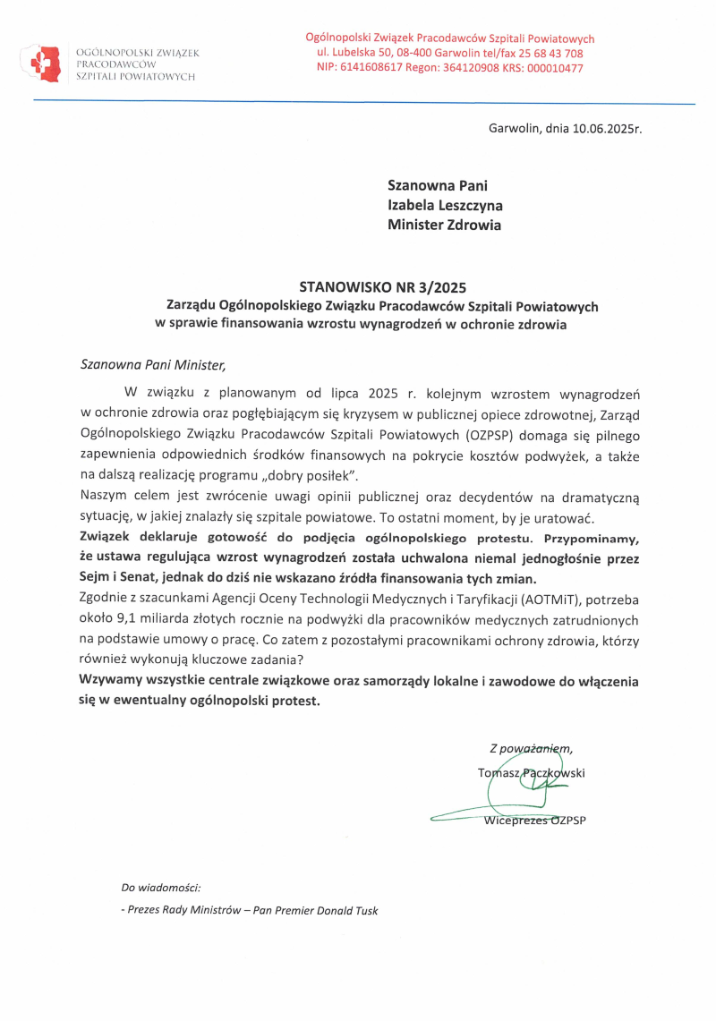 Stanowisko nr 3.2025 OZPSP ws. finansowania wzrostu wynagrodzeń w ochrnie zdrowia